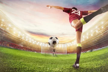 Keuken foto achterwand Voetbal Voetbal spits raakt de bal met een acrobatische trap. 3D-weergave