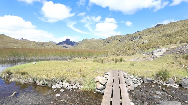 small wooden bridge on the trail in Cajas park Ecuador