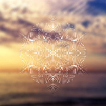 Template of banner for web and social media, square format; Spiritual sacred geometry; Yantra, chakra or lotus on psychedelic blurred background; Yoga, meditation and relax.