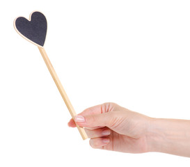 Wooden heart on stick decor on white background isolation