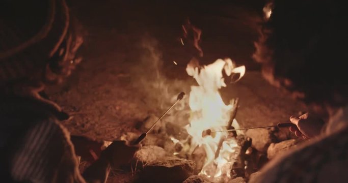 Father and son campers roasting marshmallows over campfire at night