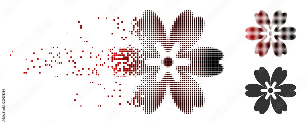 Wall mural Vector flower icon in fractured, dotted halftone and undamaged solid versions. Disappearing effect uses rectangular dots and horizontal gradient from red to black.