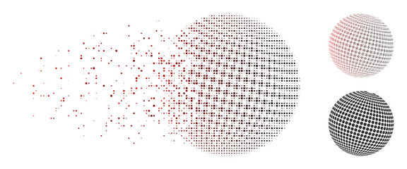 Vector abstract dotted sphere icon in dissolved, dotted halftone and undamaged entire variants. Disintegration effect uses square sparks and horizontal gradient from red to black.