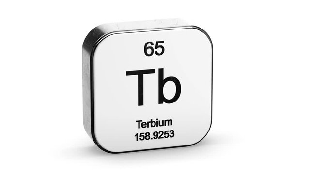 Terbium element symbol from the periodic table on white metallic rounded square icon 3D animation