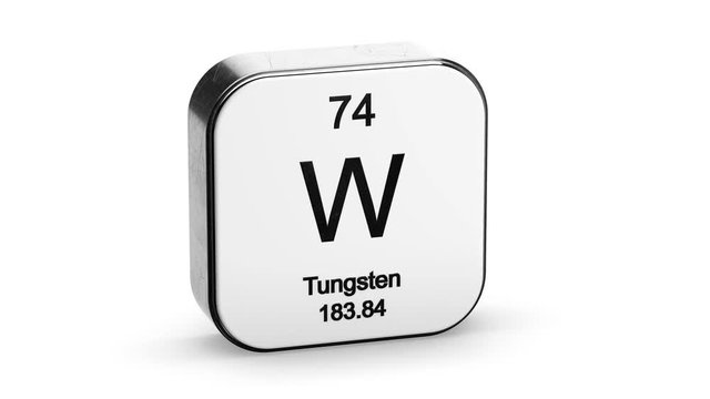 Tungsten element symbol from the periodic table on white metallic rounded square icon 3D animation