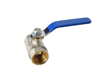 Ball valve with blue handle isolated on white background..