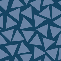 Scattered randomly placed light blue triangles on a dark blue background. Seamless vector pattern. Cooordinate for my "Let's go glamping" collection.