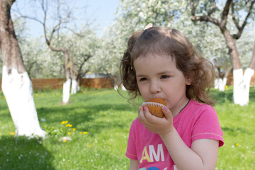 Little girl eat cake at picnic