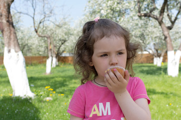 Little girl eat cake at picnic