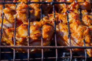 Grilled chicken in the garden. Barbeque.