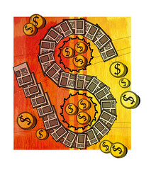 Obraz premium Publishing business. A dollar sign in the form of a tape from newspapers. gears, coined by dollar coins. Against the background of a mahogany texture.