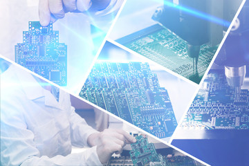 Collage of computer boards with visual effects in a futuristic style. The concept of modern and future technologies