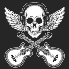 Fototapeta premium Rock music festival. Cool print with skull and headphones for poster, banner, t-shirt. Guitars, wings