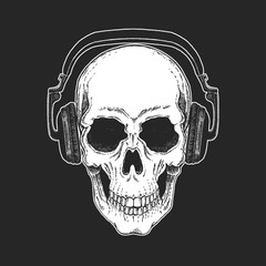 Rock music festival. Cool print with skull and headphones for poster, banner, t-shirt.