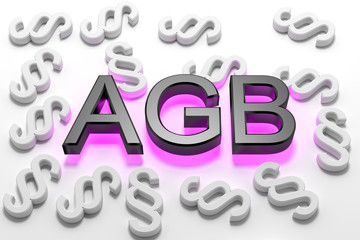 AGB - 3D Text - Allgemeine Geschäftsbedingungen - lila leuchten und Paragraphen