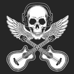 Fototapeta premium Rock music festival. Cool print with skull and headphones for poster, banner, t-shirt. Guitars, wings