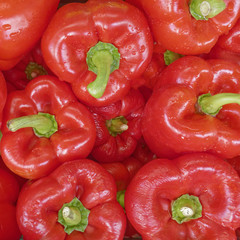 organic red peppers top view, food background