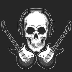 Rock music festival. Cool print with skull and headphones for poster, banner, t-shirt. Guitars