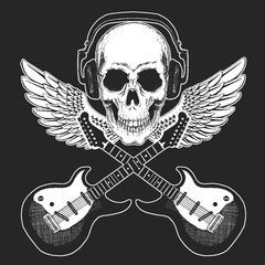 Rock music festival. Cool print with skull and headphones for poster, banner, t-shirt. Guitars, wings