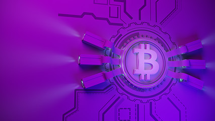 bitcoin crypto currency mining farm background with copy space. Glowing financial concept 3d illustration