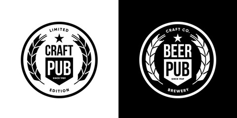 Modern craft beer drink isolated vector logo sign for brewery, pub, brewhouse or bar.
Premium quality logotype tee print badge illustration. Brewing fest fashion t-shirt emblem design set.