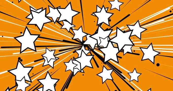 animated star cartoon, many big white comic stars with black outlines, stripes and sparkles flying from centre outwards, perspective and explosive starburst, orange retro pop art design, 4k loop