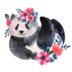 Watercolor panda with flowers isolated on a white background. Watercolor illustration.