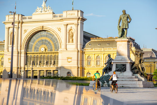 View on the eastern railway station with Gabor Baross statue during the sunset in Budapest city, Hungary