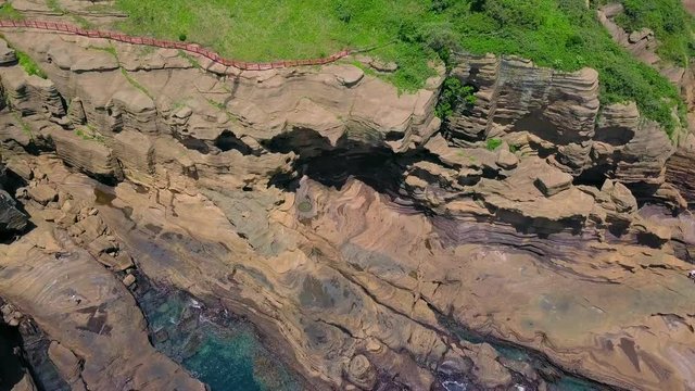 Aerial View of Yongmeori Coastal Walk on Jeju Island, South Korea. Rough Geological Formation Made with Erosion