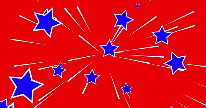 comic starburst, comic stars with outlines, stripes and sparkles flying explosively from centre outwards in national colours of US, showfootage, retro pop art design, 4k loop