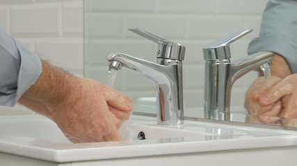 Man in Modern Bathroom Wash His Hands with Fresh Water Daily Hygiene Activity