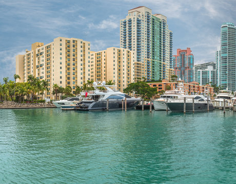 View of luxury yachts and apartments of Maiami, Florida, USA