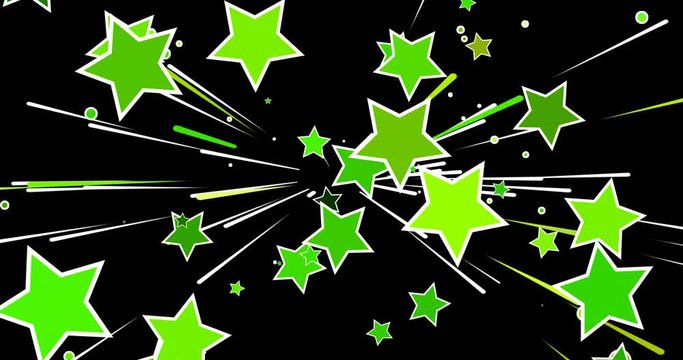 comic starburst, big green comic stars with withe outlines, stripes and sparkles flying explosively from centre outwards, retro pop art design, animated cartoon, 4k loop with alpha canal