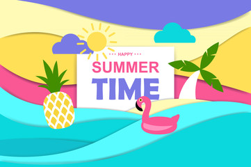 colorful cartoon summer banner in a flat style. paper effect. vector illustration