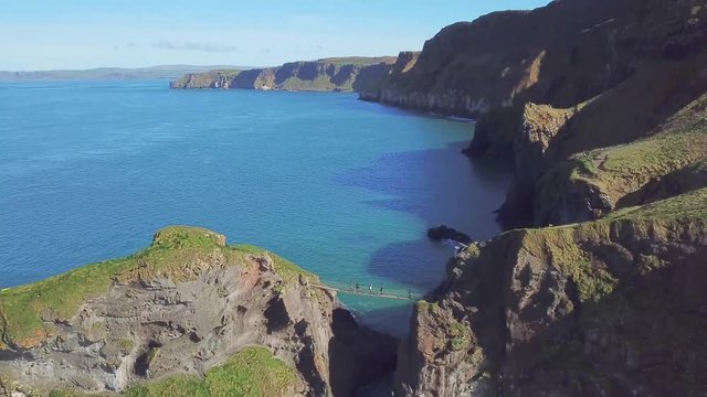 4k Aerial Shot of Carrick-a-Rede rope bridge in Northern Ireland
