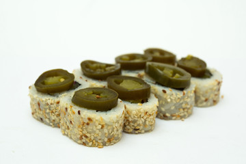 tasty fresh sushi rolls lying on a white background
