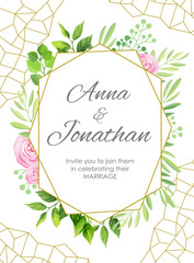 Wedding invitation. Green leaves and flowers geometric frame. Floral background. Vector illustration.