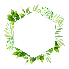Fototapeta premium Green leaves frame template. Floral background. Vector illustration.