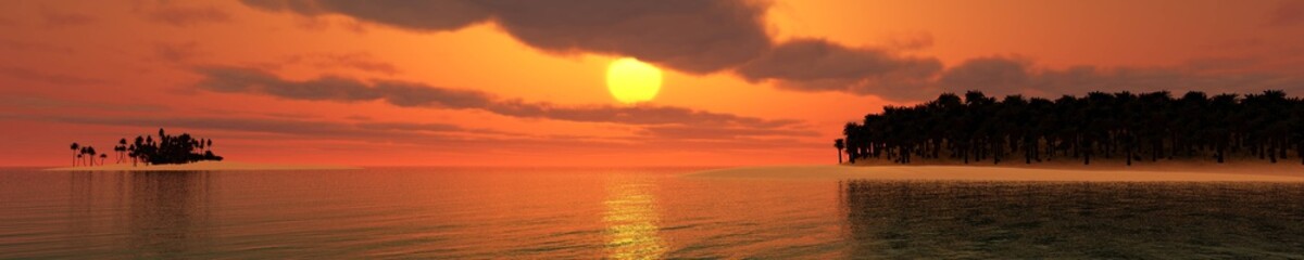 Obraz premium panorama of the beach with palm trees at sunset, sea sunrise, 3D rendering