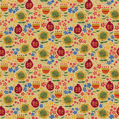 Fantasy Flower Seamless Pattern on Yellow Background. Summer Meadow Seamless Pattern for Print, Background, and Textile. Seamless Decor for Party,  Picnic, Birthday Gift Wrap, Backdrop and Textile.