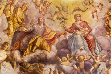 Fototapeta na wymiar PARMA, ITALY - APRIL 16, 2018: The freso of Coronation of Virgin Mary in church Chiesa di Santa Croce by Giovanni Maria Conti della Camera (1614 - 1670).