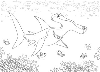 Big hammer-headed shark swimming with small striped fishes over a coral reef in a tropical sea, black and white vector illustration in a cartoon style for a coloring book