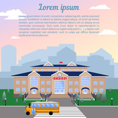 school, classic light beige brick building with blue roof, clock, flag, lawn and school bus.Against the city and sky.The image of a square format with sample text