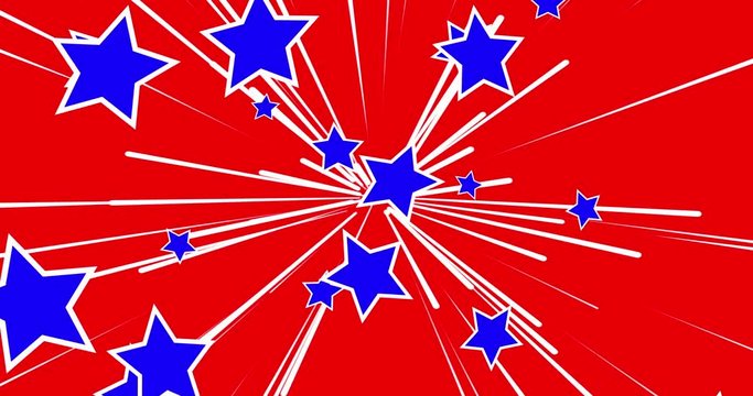 comic stars with outline, stripes and sparkles flying from centre outwards in American national colours, perspective starburst, retro pop art design, showfootage, 4k loop