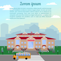 school, classic light beige brick building with red roof, clock, flag, lawn and school bus.Against the city and sky.The image of a square format with sample text
