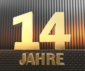 Golden number fourteen (number 14) and the word "years" against the background of metal rectangular parallelepipeds in the rays of sunset.  Translated from the German - years. 3D illustration