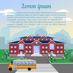 school, classic red brick building with blue roof, clock, flag, lawn and school bus.Against the city and sky.The image of a square format with sample text