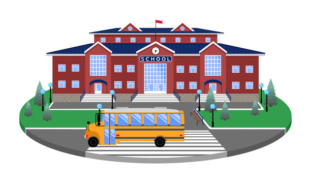 school,classic red brick building with blue roof, clock, flag ,firs, lanterns, benches, bus.On the circular platform of the lawn to the road,pedestrian crossing,with 3D effect section.isolated image