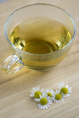 Matricaria chamomilla flowers and trasparent cup of tea on wooden table, fresh flowering herbal medicine