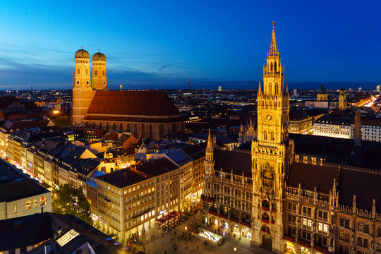 Aerial Night view of New Town Hall  on Marienplatz in Munich, Bavaria